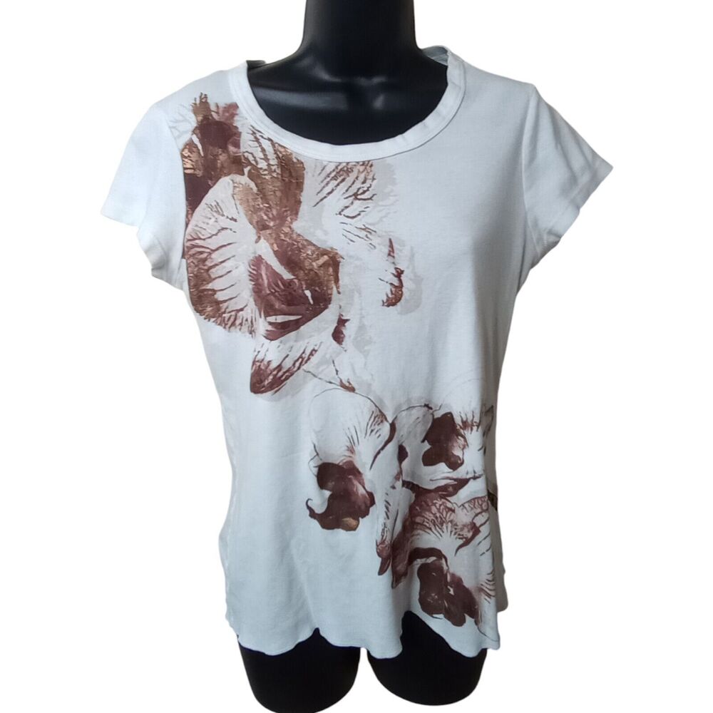 Y2K Floral Print BabyDoll Tee T-Shirt Women's L Watercolor Metallic White